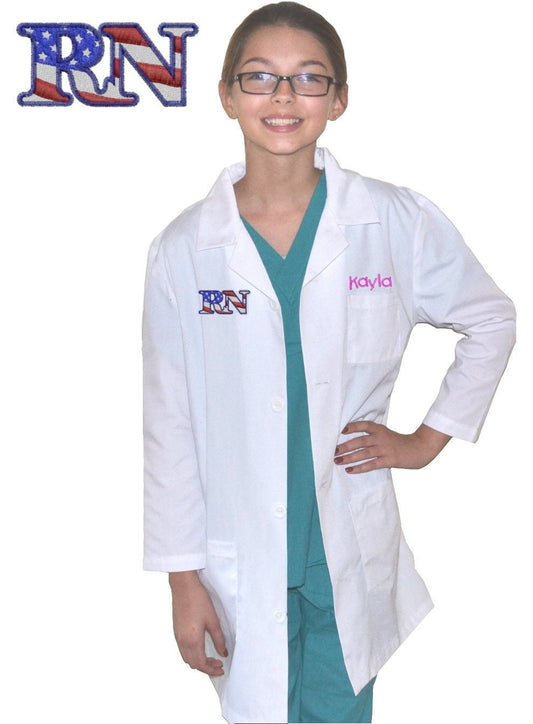 Personalized Kids Nurse Lab Coat with RN Flag embroidery design