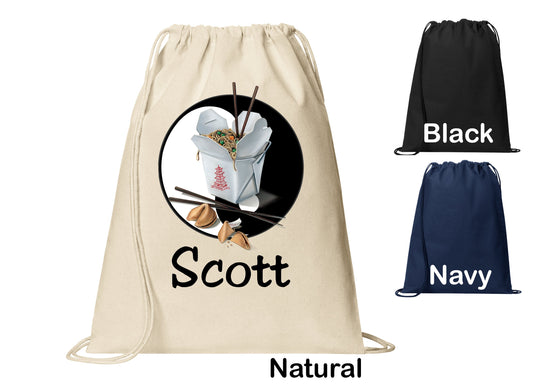 Personalized Chinese Food Chopsticks Cinch Pack, Drawstring Gym School PE Pool Backpack, Printed Monogrammed Custom Name, Perfect Gift