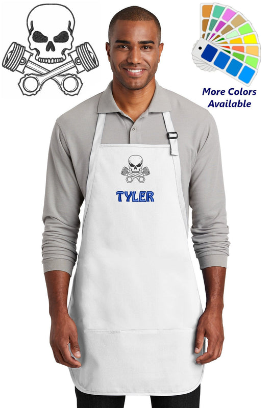 Personalized Mechanics Apron Embroidered Skull and Pistons Design Dad Car Guy Gift