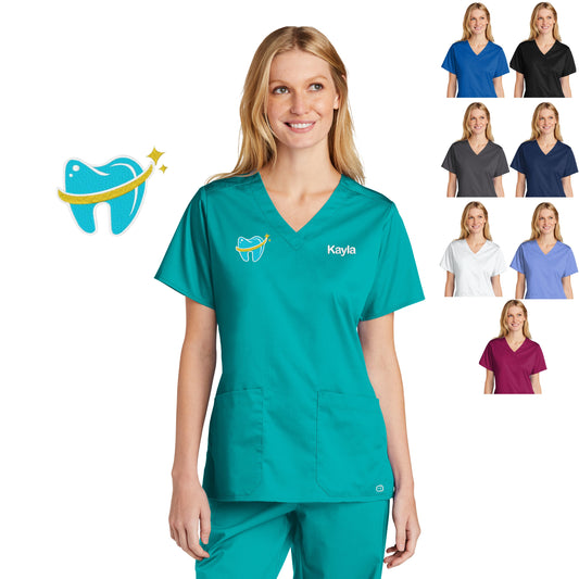 Personalized Womens Dentist Scrubs Top with Tooth Design, Custom Embroidered Name, Hygienist, Assistant, Hospital, Shirt, Medical Apparel