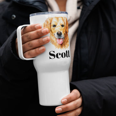 Custom Golden Retriever Dog Travel Mug Tumbler with Handle, Stainless Steel BPA-free plastic Cup, 25 Ounce Mug, Dad Mom Dog Lover Gift