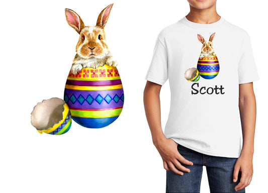 Personalized Kids T-Shirt Easter Bunny in Egg Design, T-Shirt, Colorful, Cotton, Low Price Inexpensive Tee Shirt, Student Gift, Easter Gift