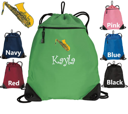 Personalized Kids Cinch Pack Saxophone Design, Drawstring Gym School PE, Pool Backpack, Monogrammed Custom Name, Perfect Kids Band Gift