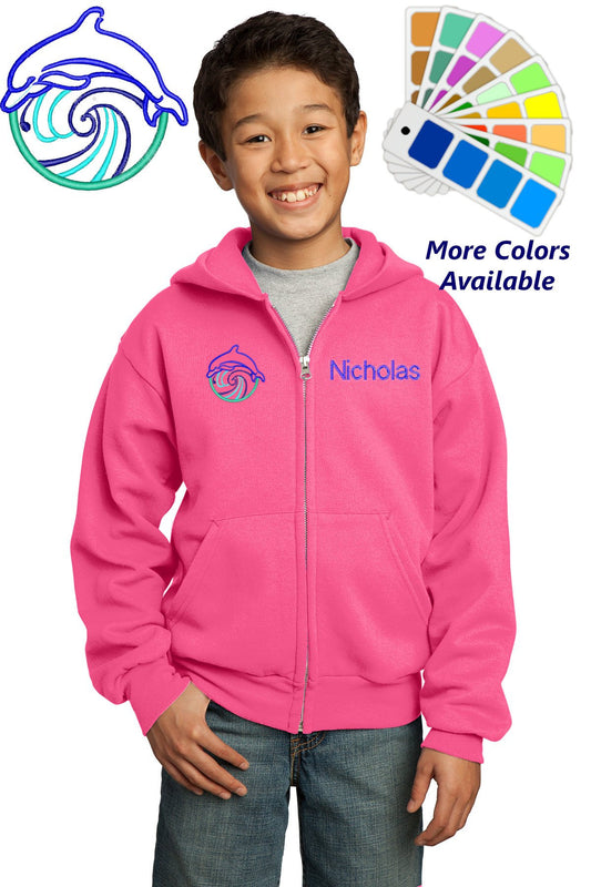 Personalized Kids Hoodie Sweatshirt Zipper Embroidered Dolphin Wave Design with a Name of Your Choice