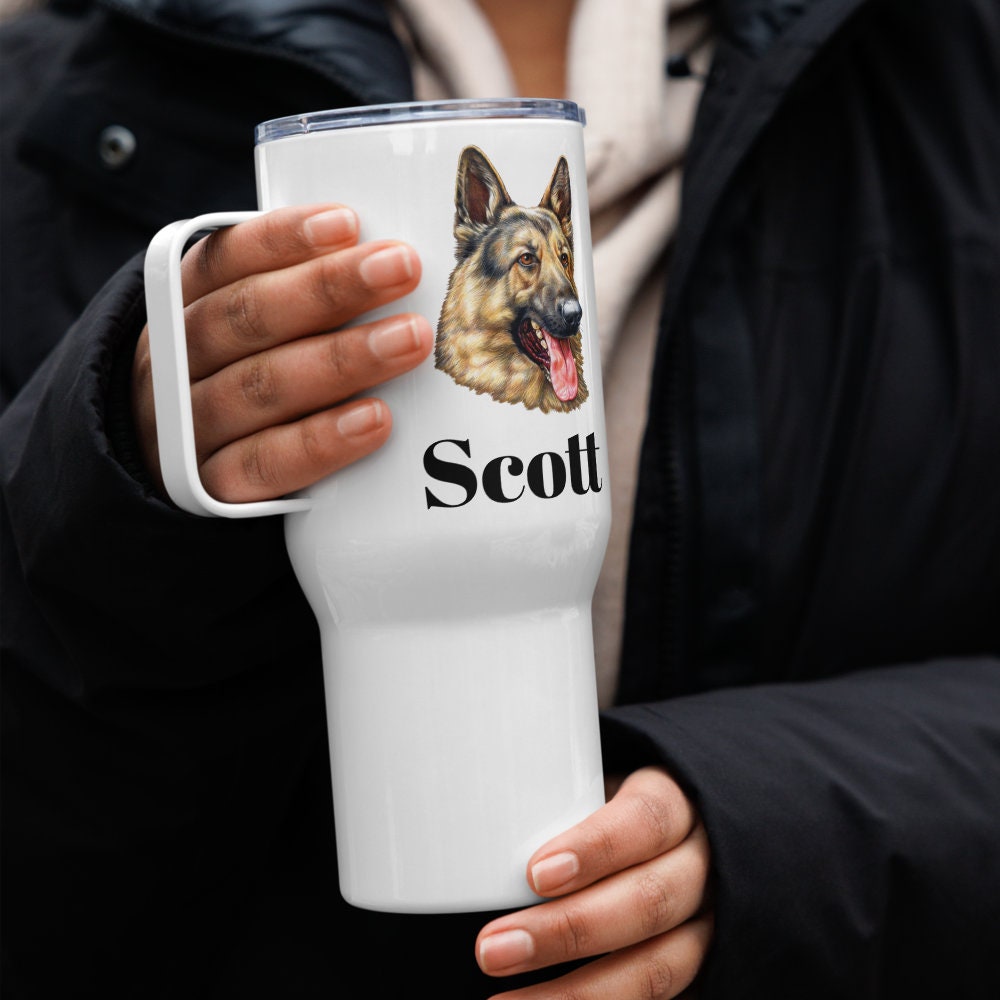 Custom German Shepherd Dog Travel Mug Tumbler with Handle, Stainless Steel BPA-free plastic Cup, 25 Ounce Mug, Dad Mom Dog Lover Gift