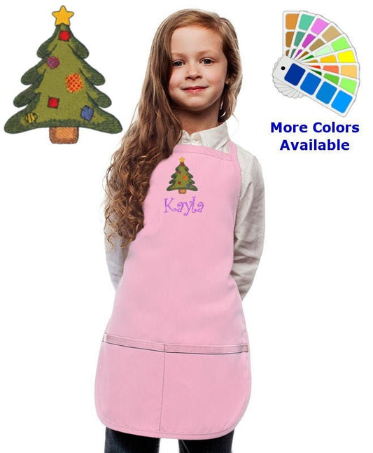Personalized Kids Christmas Apron with Christmas Tree Embroidery Design, Holiday Apron, Kids Xmas Gift