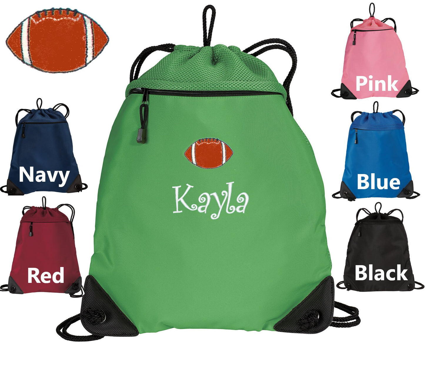 Personalized Kids Cinch Pack, Drawstring Gym School PE Pool Backpack, Embroidered Football, Monogrammed Custom Name, Kids Gift