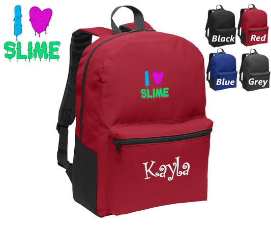 Personalized Kids Backpack Embroidered I Love Slime Monogrammed with Name of Your Choice Perfect Kids School Gift