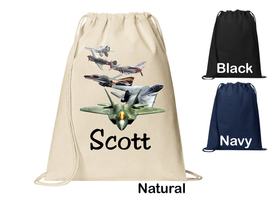 Personalized Fighter Jet History Military Cinch Pack, Drawstring Gym School Pool Backpack, Printed Monogrammed Custom Name, Perfect Gift