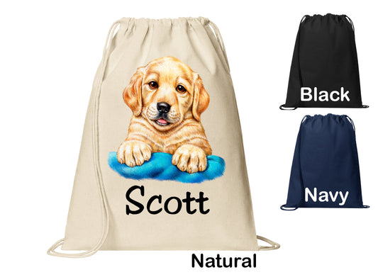 Personalized Golden Retriever Puppy Dog Cinch Pack, Drawstring Gym School Pool Backpack, Printed Monogrammed Custom Name, Perfect Gift