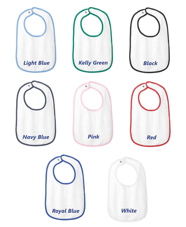 Personalized Baby Bib, White Cotton Terry with Contrast Trim, Letter L, Alphabet, Lion Design, for Boy or Girl, Embroidered Name