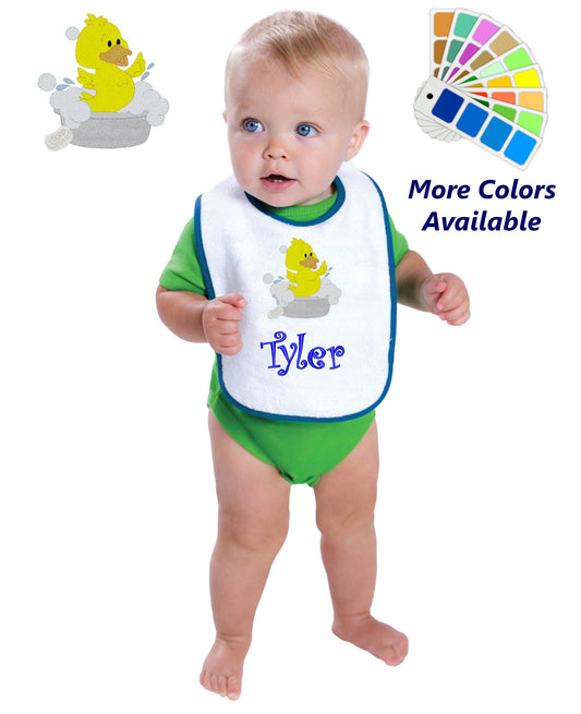 Personalized Baby Bib White Cotton Terry with Contrast Trim Baby Duckling Design for Boy or Girl Embroidered Name