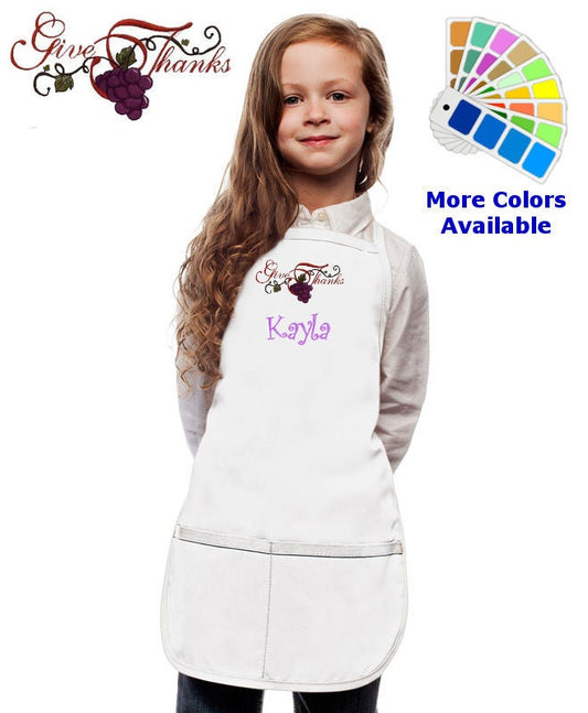Personalized Kids Thanksgiving Apron with Give Thanks Grapes Embroidery Design