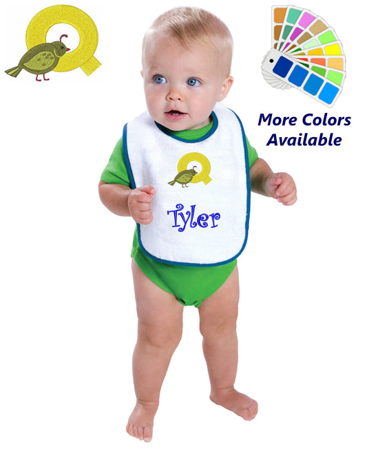 Personalized Baby Bib, White Cotton Terry with Contrast Trim, Letter Q, Alphabet, Quail Design, for Boy or Girl, Embroidered Name