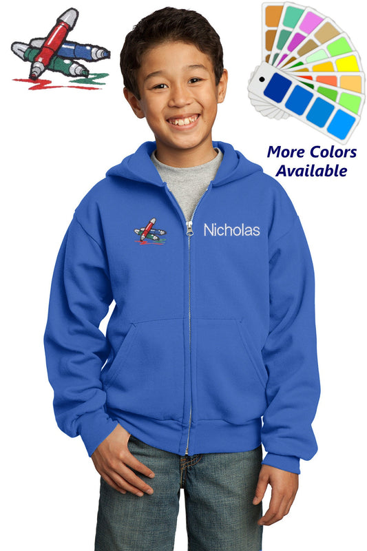 Personalized Kids Hoodie Sweatshirt Zipper Embroidered Markers Design with a Name of Your Choice