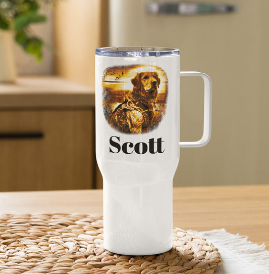 Custom Golden Retriever Hunting Dog Travel Mug Tumbler with Handle, Stainless Steel BPA-free Cup, 25 Ounce Mug, Dad Mom Dog Lover Gift