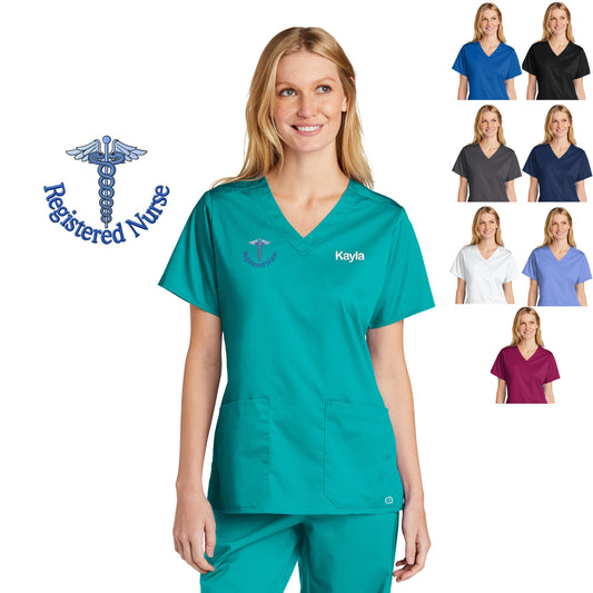 Personalized Womens RN Scrubs Top with Custom Embroidered Text or Name, Doctor, Veterinarian, Hospital, Shirt, Medical Apparel