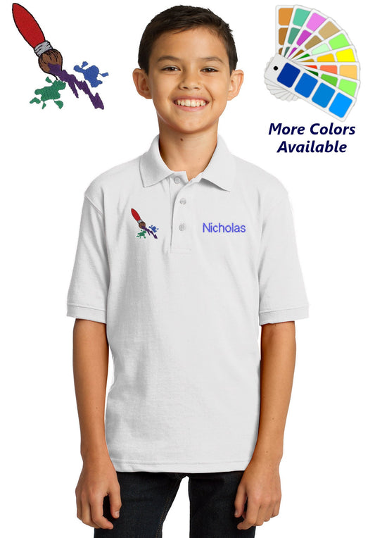Personalized Kids Polo Shirt Embroidered Artist Paint Brush Monogrammed with a Name or Text of Your Choice