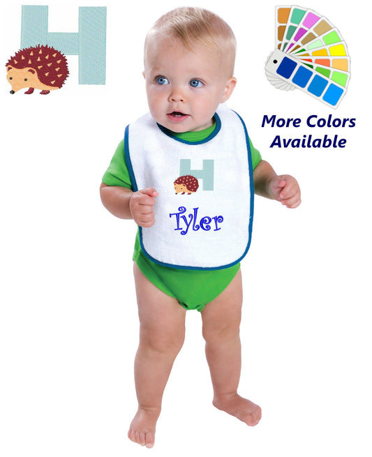 Personalized Baby Bib, White Cotton Terry with Contrast Trim, Letter H, Alphabet, Hedgehog Design, for Boy or Girl, Embroidered Name
