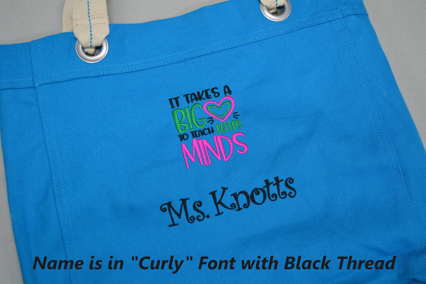 Personalized Canvas Teacher Tote Bag Design Contrast Lined with Metal Grommets Embroidered with Name or Text of Your Choice