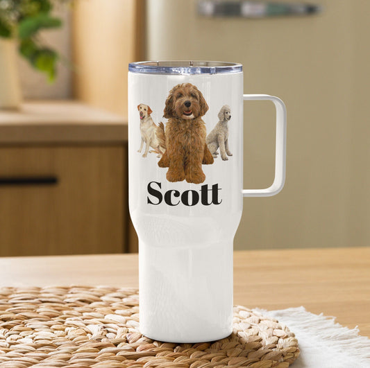 Custom Labradoodle Dog Travel Mug Tumbler with Handle, Stainless Steel BPA-free Cup, 25 Ounce Mug, Dad Mom Dog Lover Gift