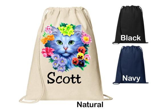 Personalized Cat Flowers Kitty Cinch Pack, Drawstring Gym School PE Pool Backpack, Printed Monogrammed Custom Name, Perfect Gift