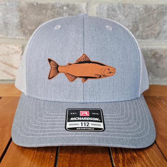 Trout Fish Leather Patch Trucker Hat, Fishing Hat Design, Richardson 112, Dad Gift, Husband Gift, Sportsman Gift, Laser Engraved