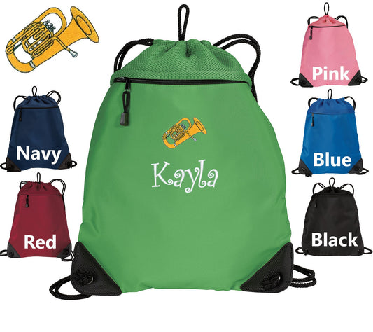 Personalized Kids Cinch Pack Embroidered Tuba Design, Drawstring Gym School PE Pool Backpack, Monogrammed Custom Name, Kids Band Gift