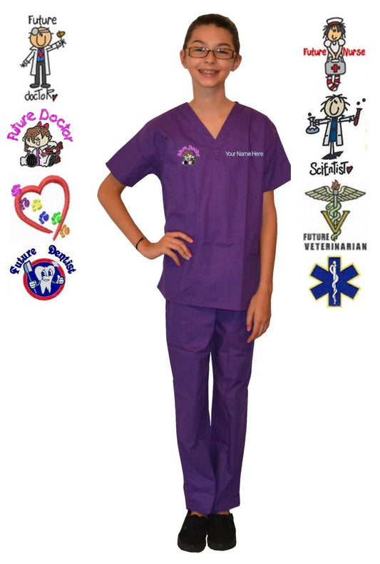 Embroidered Personalized Purple Kids Scrubs for little Doctors and Nurses