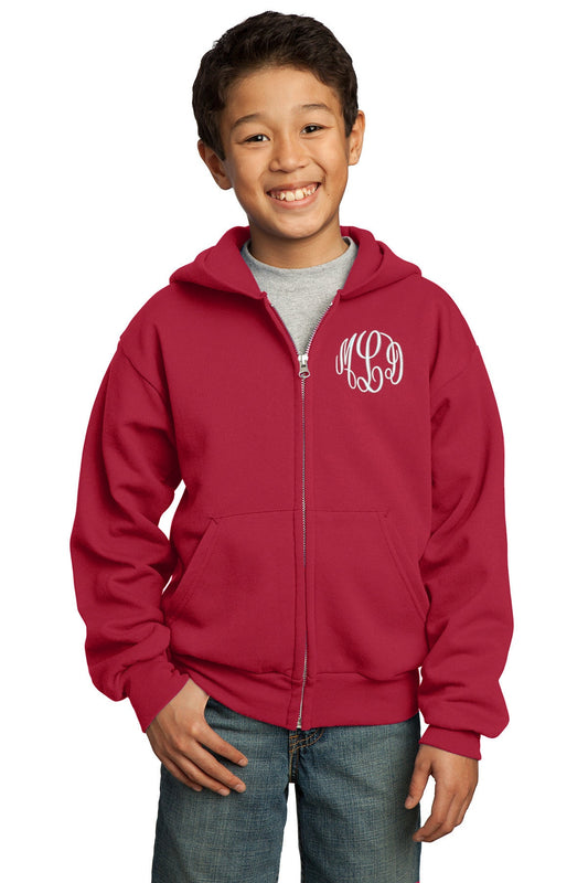 Monogrammed Red Kids Hoodie Sweatshirt Zipper Embroidered with Initials of Your Choice