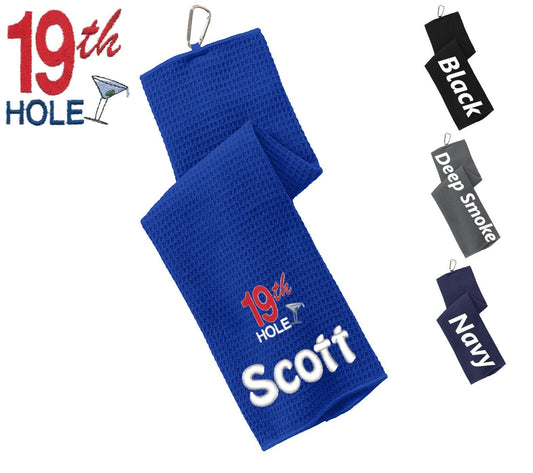 Personalized Golf Towel, 19th Hole Design, Gym Towel, Workout Towel, Fitness Towel, Microfiber, Embroidered Name, Monogrammed Golf Gift