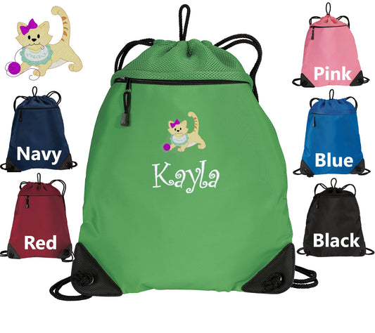 Personalized Kids Cat Cinch Pack, Drawstring Gym School PE Pool Backpack, Embroidered Kitty Cat, Custom Name, Kids Gift