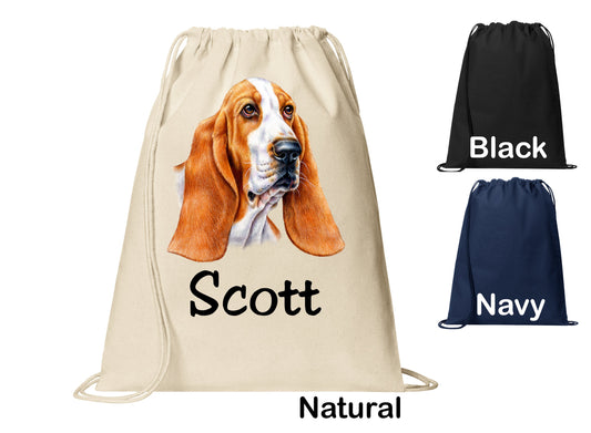 Personalized Basset Hound Dog Cinch Pack, Drawstring Gym School PE Pool Backpack, Printed Monogrammed Custom Name, Perfect Gift