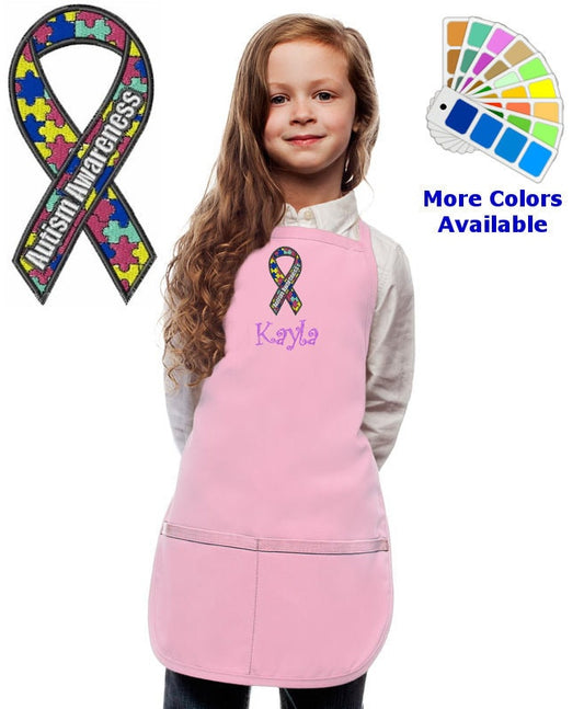 Personalized Kids Apron with Autism Awareness Ribbon Embroidery Design