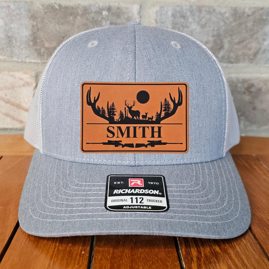 Personalized Deer Hunter Leather Patch Trucker Hat, Richardson 112, Deer Hunter Cap, Dad Gift ,Husband Gift, Sportsman Gift, Laser Engraved