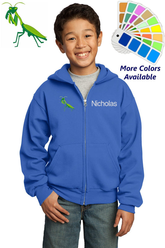 Personalized Kids Hoodie Sweatshirt Zipper Embroidered Praying Mantis Design with a Name of Your Choice