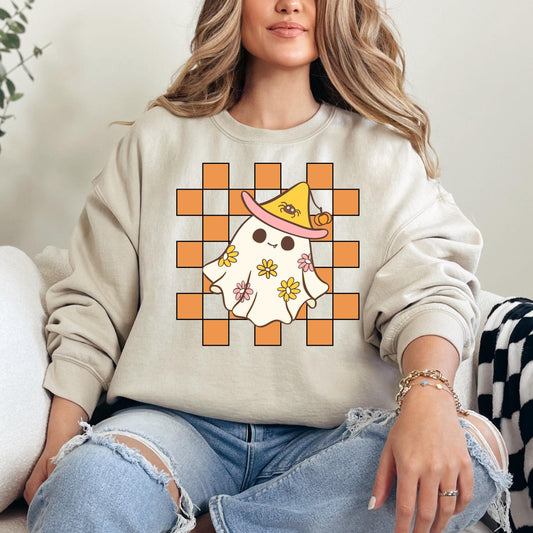 Halloween Ghost Sweatshirt, Cute Ghost Checker Flowers Sweats, Womens Halloween Sweatshirt, Cute Retro Fall Sweats, Spooky Season, Fall Gift