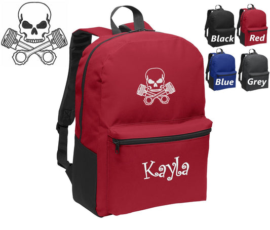 Personalized Kids Backpack Embroidered Skull and Pistons Mechanic Monogrammed with Name of Your Choice Perfect Kids School Gift