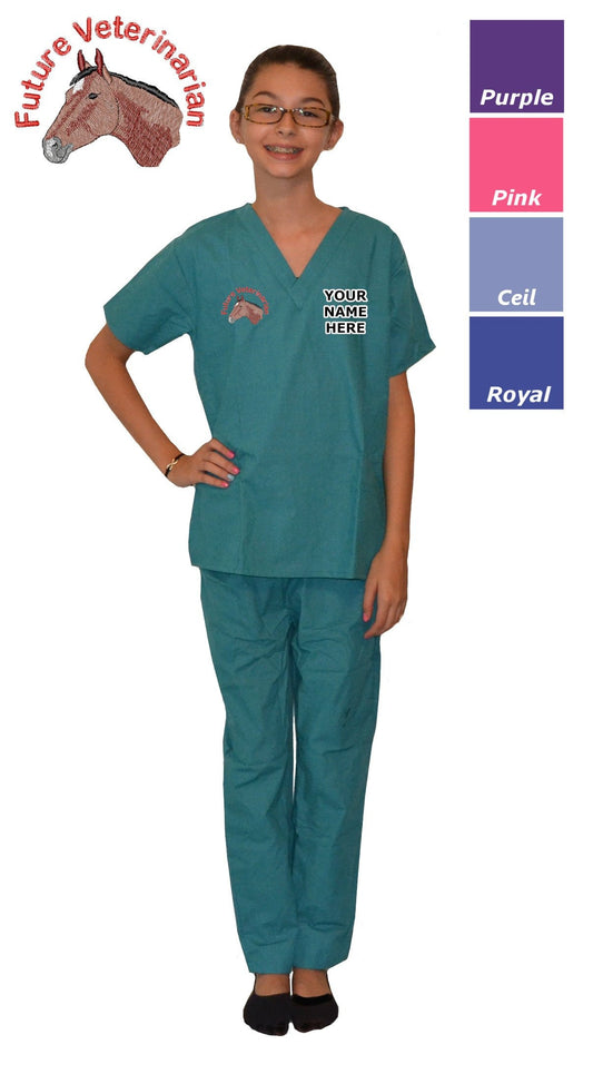 Embroidered Personalized Kids Veterinarian Scrubs with Horse Embroidery Design for little Doctors and Nurses