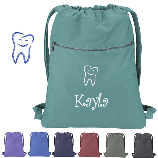 Personalized Dentist Cinch Pack Gift, Embroidered Happy Tooth Design, Drawstring School, Pool Backpack, Monogrammed Custom Name