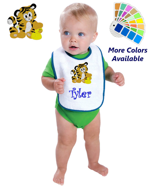 Personalized Baby Bib White Cotton Terry with Contrast Trim Baby Tiger Design for Boy or Girl Embroidered Name