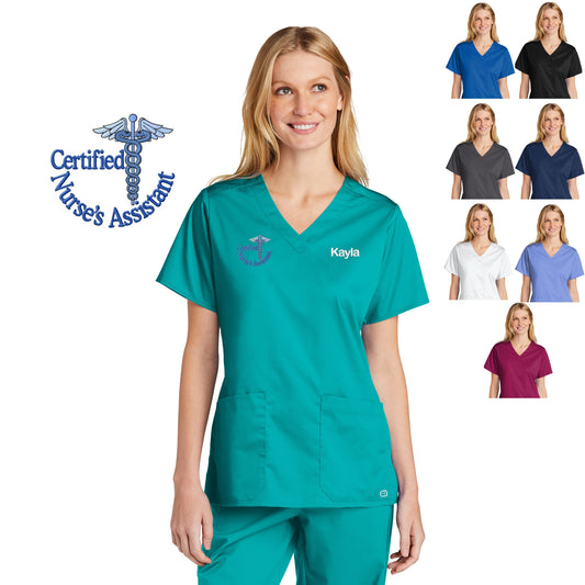 Personalized Womens CNA Scrubs Top with Custom Embroidered Text or Name, Doctor, Nurse, Veterinarian, Hospital, Shirt, Medical Apparel