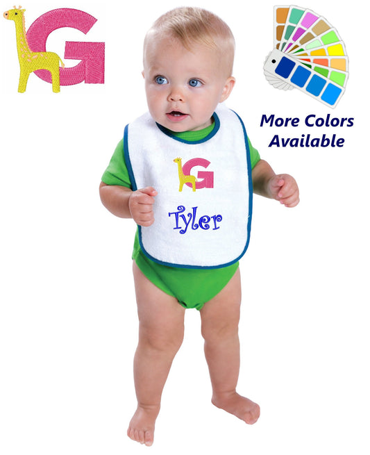 Personalized Baby Bib, White Cotton Terry with Contrast Trim, Letter G, Alphabet, Giraffe Design, for Boy or Girl, Embroidered Name