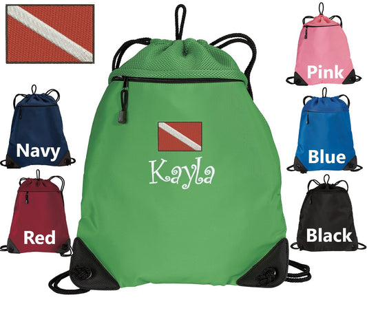 Personalized Dive Cinch Pack Drawstring Gym School PE Pool Diving Backpack Embroidered Monogrammed with Custom Name Perfect Gift