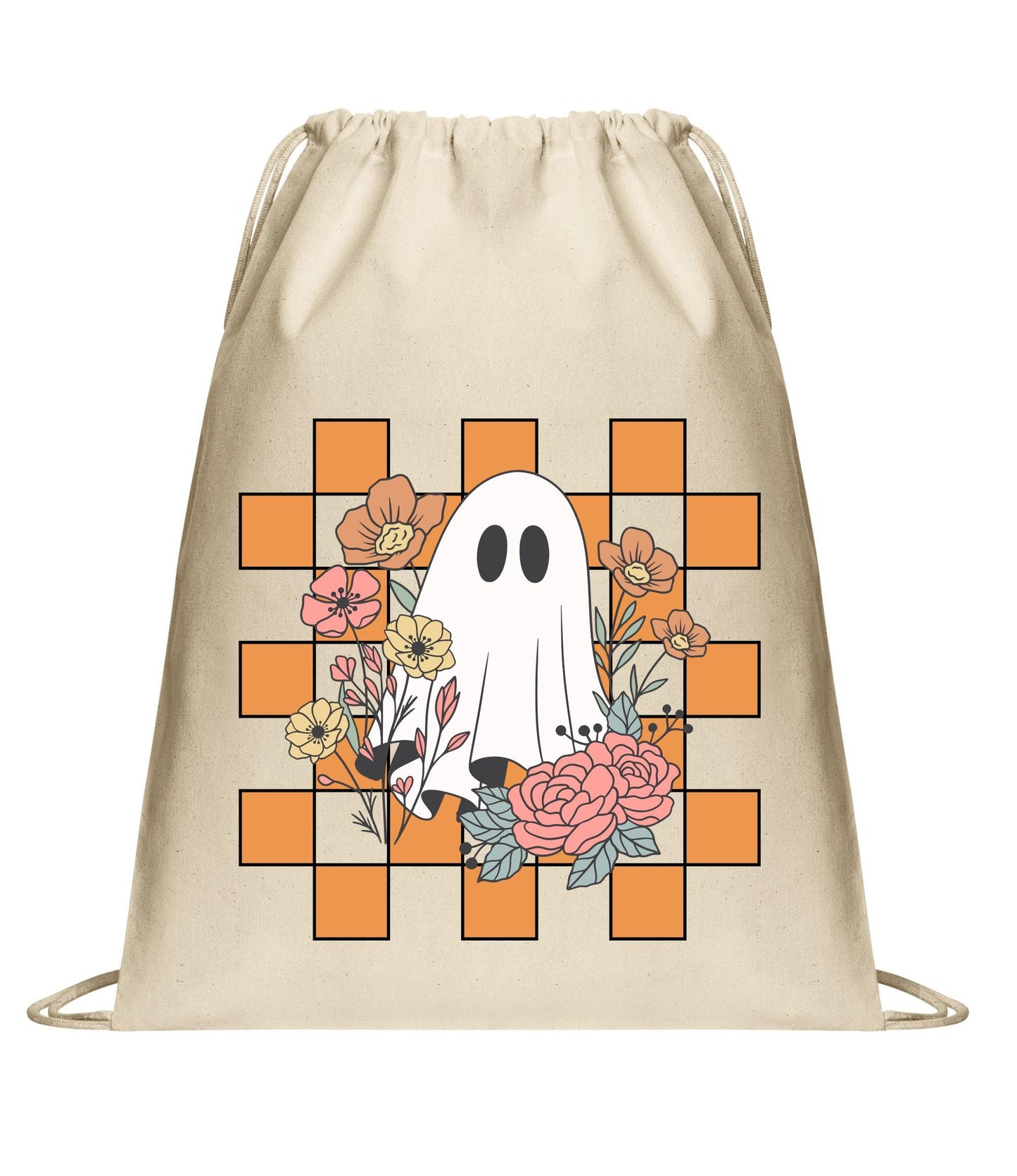 Halloween Cinch Pack, Drawstring Ghost Backpack, Retro Candy Bag, Printed Ghost Flowers Checkers, Perfect Fall Gift, Mom Gift