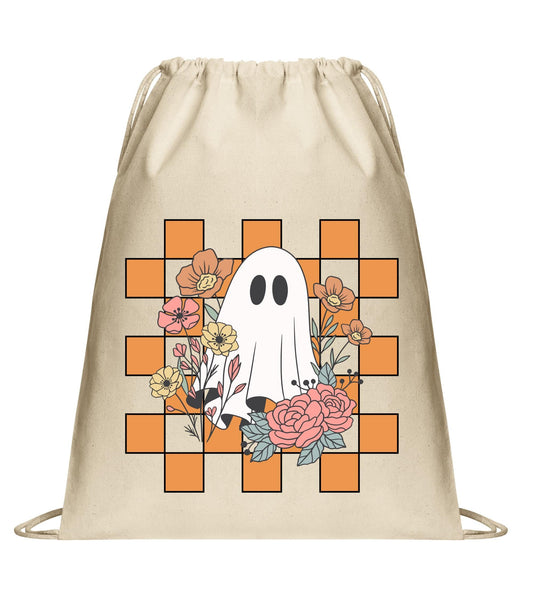 Halloween Cinch Pack, Drawstring Ghost Backpack, Retro Candy Bag, Printed Ghost Flowers Checkers, Perfect Fall Gift, Mom Gift