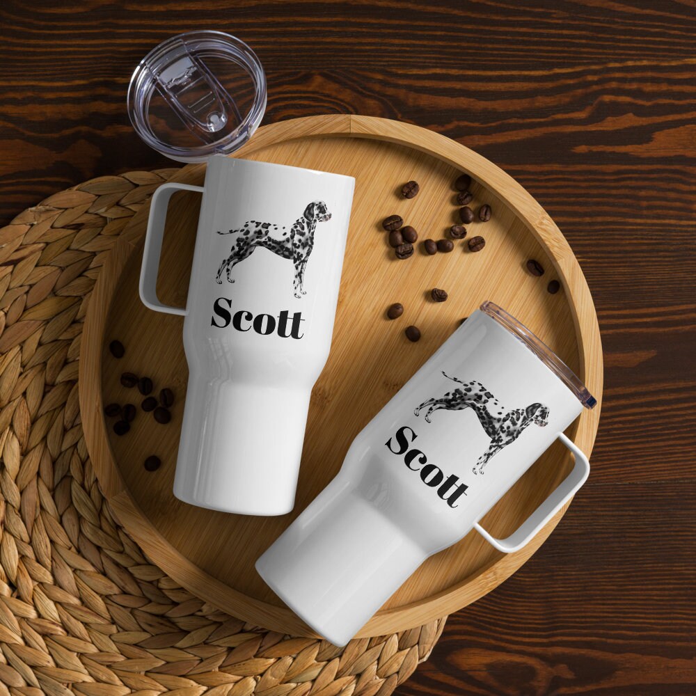 Custom Dalmatian Dog Travel Mug Tumbler with Handle, Stainless Steel BPA-free plastic Cup, 25 Ounce Mug, Dad Mom Dog Lover Gift