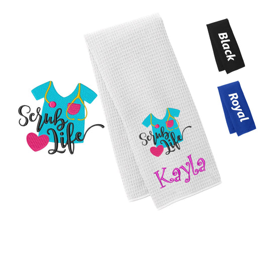 Personalized Nurse Towel with Scrub Life Design, Gym, Workout Fitness Towel Waffle Microfiber Embroidered Name Monogrammed Nurse Doctor Gift