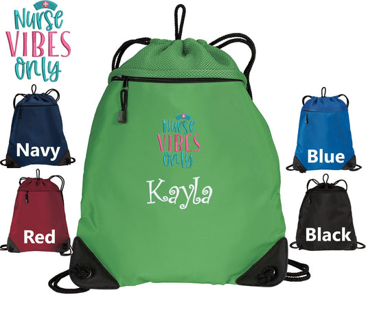 Personalized Nurse Cinch Pack, Drawstring Gym School PE, Pool Backpack, Embroidered Nurse Vibes Design, Monogrammed Custom Name, Nurse Gift