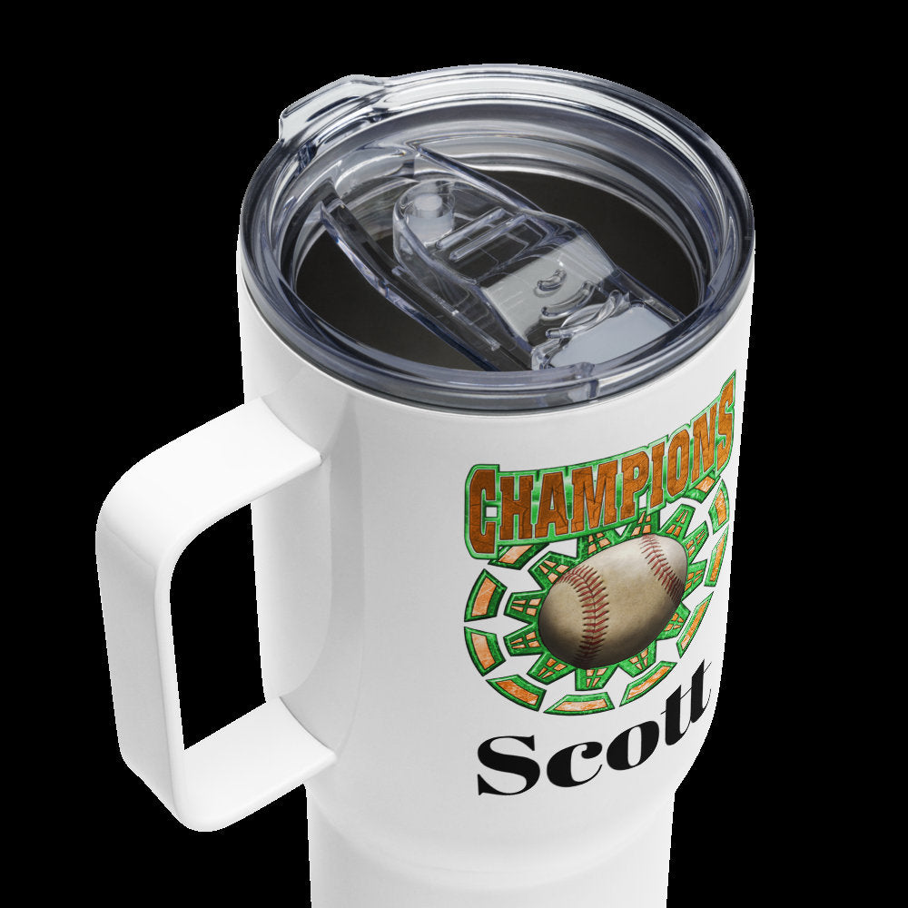 Custom Baseball Champions Tumbler with Handle, Stainless Steel Travel Mug BPA-free plastic Cup, 25 Ounce Mug, Sports Gift, Dad Gift